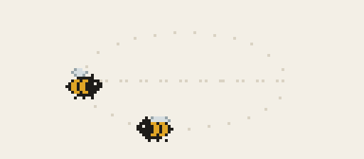 Two pixel-art bees performing a waggle dance: a straight run with a side-to-side shake, then looping back around to start again.